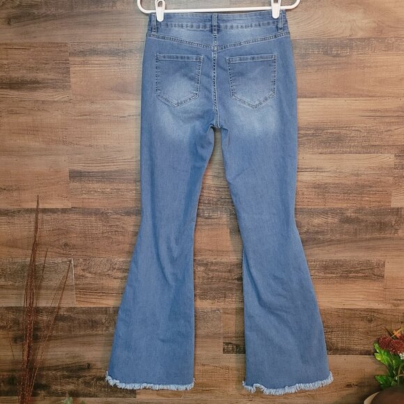 YMI Jeans Size 28 Flare Low Rise Raw Hem Ripped Medium Wash Stretch Western Boho - Picture 2 of 9
